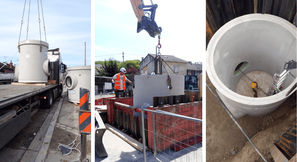 Vue du chantier du prolongement du tramway T1 à Noisy-le-Sec avec les ouvrages en béton préfabriqué fournis par cimentub.
