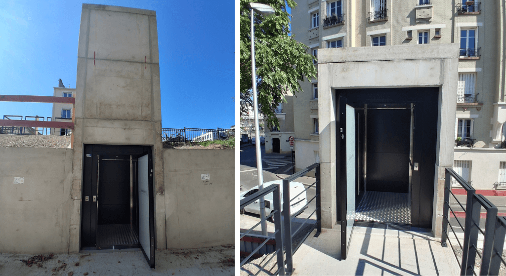 Gaine PMR en modules préfabriqués Cimentub, prête à être installée dans un environnement urbain restreint sur le chantier du Grand Paris Express à Bois-Colombes.