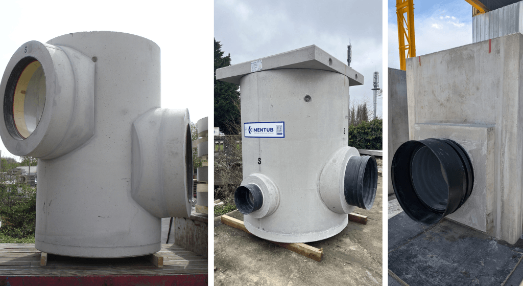 regard en béton préfabriqué Cimentub avec manchons pour réseau multi-matériaux, raccordement PEHD et PVC sur chantier